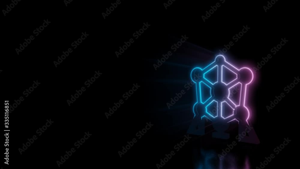 Poster abstract 3d rendering glowing blue purple neon symbol of atomium landmark building with glowing outl