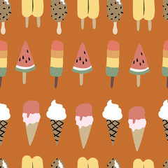 Seamless orange colorful Ice cream cone pattern. Fun summer pattern.