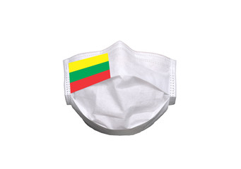 Lithuania flag on medical mask isolated on a white background. Healthcare and medical concept. Pandemic virus COVID-19