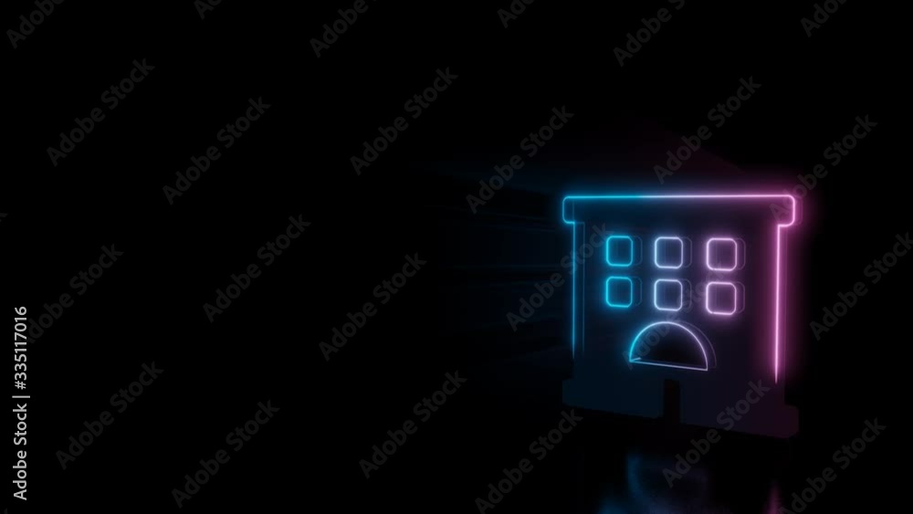 Poster abstract 3d rendering glowing blue purple neon symbol of hotel building with glowing outlines with r