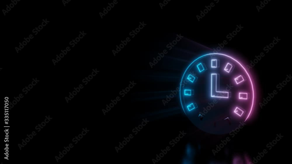 Poster abstract 3d rendering glowing blue purple neon symbol of wall clock with glowing outlines with rays 