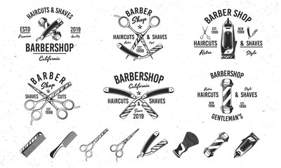 Barber shop vintage hipster logo templates. 6 Logos and 8 design elements for barber shop, haircut's salon. Barbershop, Barber, Haircut's salon emblems templates. Vector illustration
