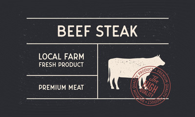 Beef Steak vintage label for Butcher shop. Minimal design of old label with cow, bull silhouette and stamp. Vintage sticker, label for steakhouse, barbecue, restaurant, logo.