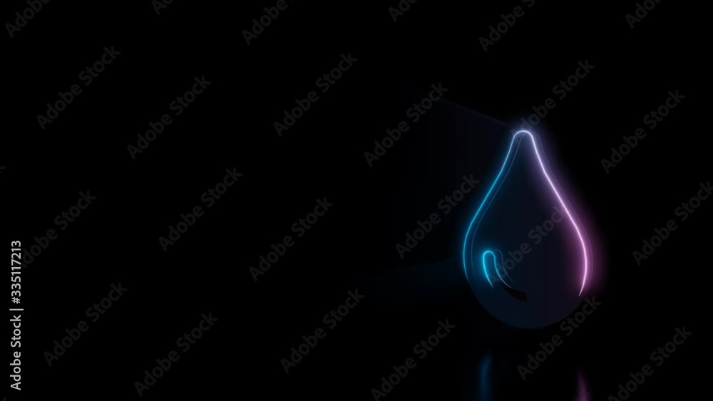 Poster abstract 3d rendering glowing blue purple neon symbol of drop with glowing outlines with rays on bla