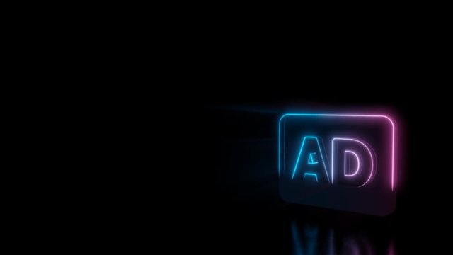 Abstract 3d rendering glowing blue purple neon symbol of audio description icon with glowing outlines with rays on black background with reflection