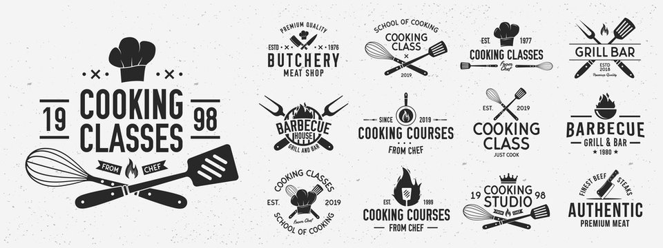 Set of Cooking Class logo and poster templates. Barbecue and Cooking Courses logo set for for food studio, cooking courses, culinary school. Restaurant graphics. Vector illustration