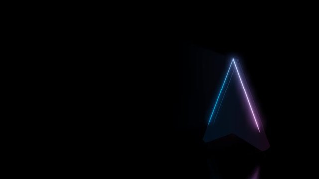Abstract 3d rendering glowing blue purple neon symbol of navigation arrow up with glowing outlines with rays on black background with reflection