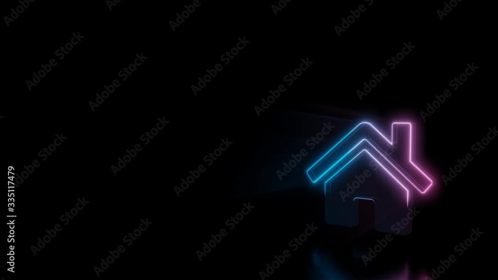 Poster abstract 3d rendering glowing blue purple neon symbol of home with door and chimney with glowing out