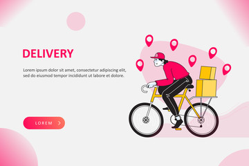Fototapeta na wymiar Delivery service concept, happy delivery man riding bicycle to deliver packages to destination in time, vector illustration