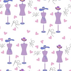 Vector seamless repeating pattern with sewing accessories and mannequins