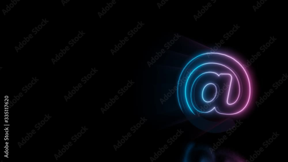 Poster abstract 3d rendering glowing blue purple neon symbol of at sign with glowing outlines with rays on 