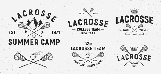 Vector Lacrosse logo set. 5 Vintage lacrosse emblems. Lacrosse stick and ball isolated on white background. Lacrosse club emblems, logo. Sport team, Summer camp, College.