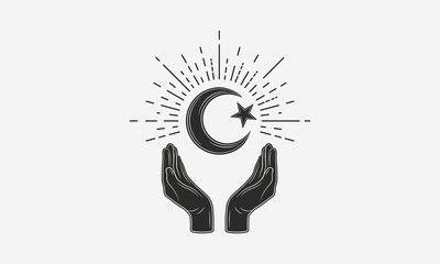 Vintage Islam logo. Hands with muslim moon and sunburst. Muslim prayer concept. Vector illustration