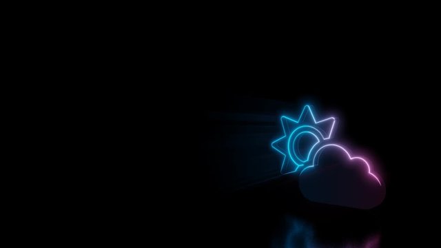 Abstract 3d rendering glowing blue purple neon symbol of cloud partly cover sun with glowing outlines with rays on black background with reflection