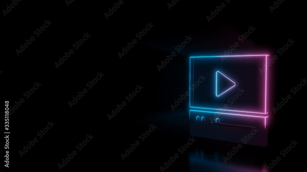 Poster abstract 3d rendering glowing blue purple neon symbol of video player with glowing outlines with ray