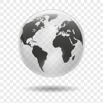 Realistic Earth globe icon isolated on transparent background. North and South America, Europe, Asia and Africa. Vector world map.