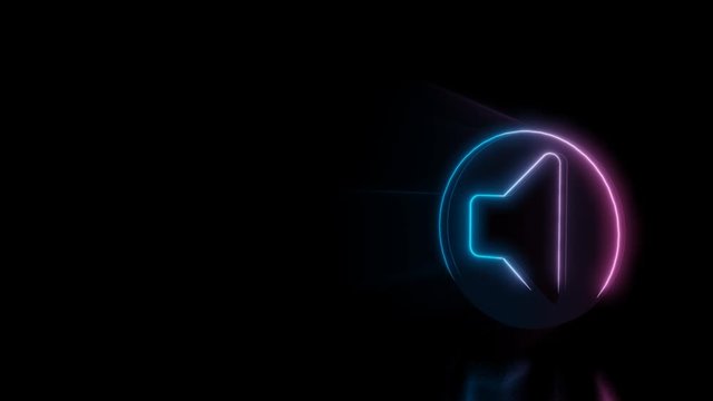 Abstract 3d rendering glowing blue purple neon symbol of speaker in circle off with glowing outlines with rays on black background with reflection