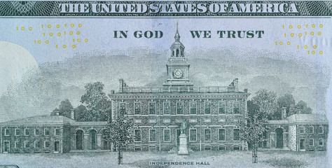 Independence Hall on 100 dollars banknote back side closeup macro fragment. United states hundred...