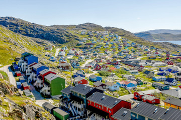 Harbour and homes in Qaqortoq, located in the Kujalleq municipality in Southern Greenland, located near Cape Thorvaldsen.