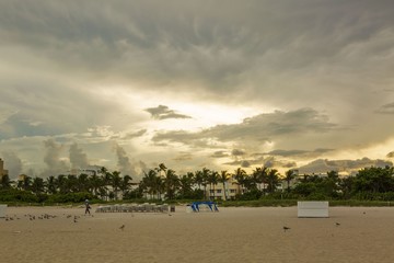Naklejka premium Beautiful landscape view of sunset Miami South Beach coast line. Sand beach, Atlantic Ocean, people on blue sky background. USA. Miami Beach. 