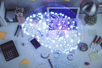 Multi exposure of brain sketch hologram over topview work table background with computer. Concept of big data.