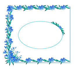 Painted frame with blue flowers and leaves. Border, background. Greeting card . Place for text.