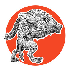 The werewolf and the moon. Halloween monster silhouette illustration.