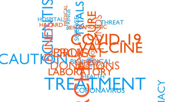 COVID-19, vaccine research & development word tag cloud. 3D rendering, white variant, loop able, UHD