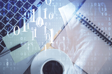 Double exposure of data theme drawing hologram over topview work table background with computer. Concept of technology.