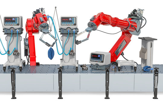 Robotic arms production of medical ventilator, ICU. 3D rendering
