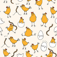 Little chicks baby pattern, seamless background with cute cartoon rooster, eggs and worms