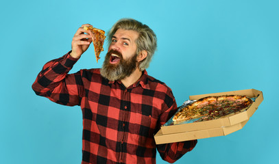 Cheesy taste. Love at first slice. Fresh and hot. In mood for Italian food. Man bearded hipster...