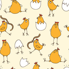 Little chicks baby pattern, seamless background with cute cartoon rooster, eggs and worms