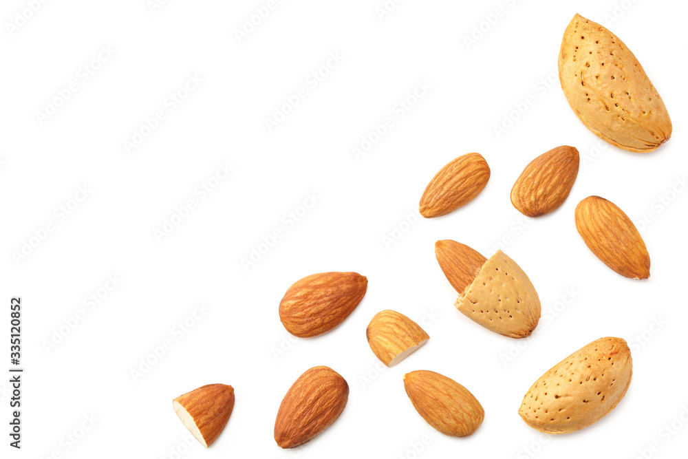 Wall mural almonds isolated on a white background. Food. top view