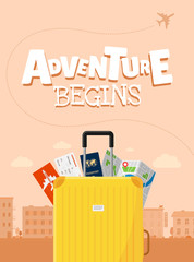 Adventure begins advertising vacation travelling poster design concept. Suitcase luggage with map flight ticket and passport. Different touristic elements and airplane path vector poster