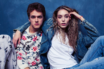 young pretty boy and girl friends happy smiling together in interior, lifestyle people concept