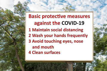 Fototapeta premium Simple illustration of Coronavirus COVID-19 Protection measures on billboard