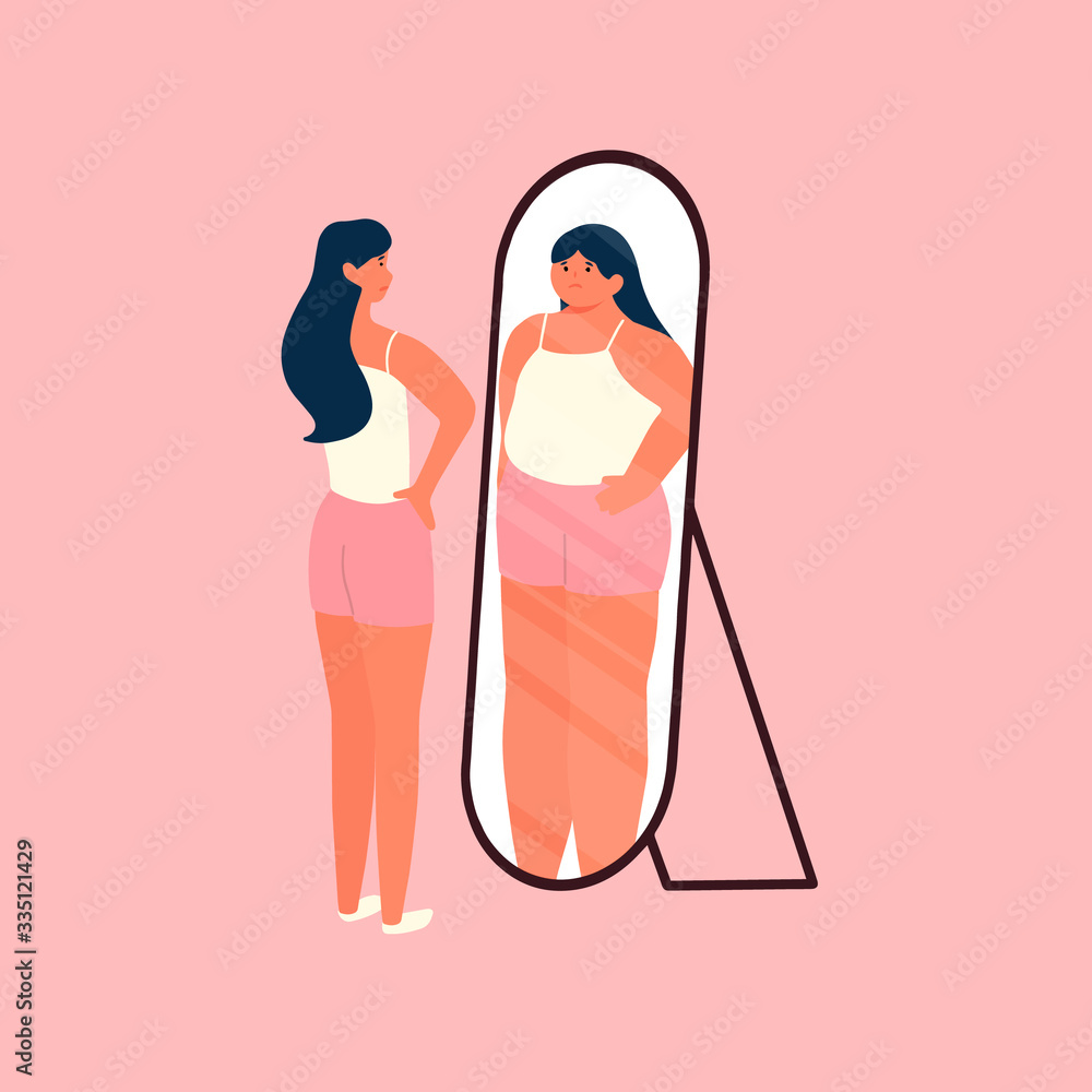 Wall mural woman with ideal bodies looking herself in the mirror and feel insecure and fat human character illu