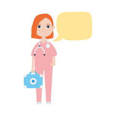 speech bubble with cartoon doctor woman holding a first aid kit box, flat style