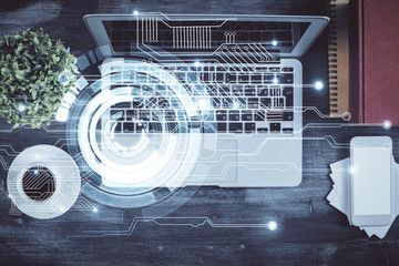 Multi exposure of data theme drawing hologram over topview work desk background with computer. Concept of technology.