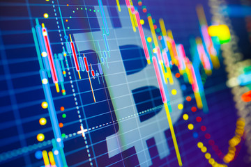 Data analyzing in exchange stock market: the candle chars on display. Classic BTC/Bitcoin volatility against the US dollar. Statistics changes of cryptocurrency price.