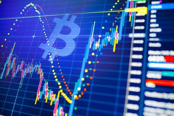 Data analyzing in exchange stock market: the candle chars on display. Classic BTC/Bitcoin volatility against the US dollar. Statistics changes of cryptocurrency price.
