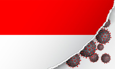 Fototapeta na wymiar Flag of Indonesia with outbreak deadly coronavirus covid-19. Banner with the spread of Coronavirus 2019-nCoV. A large bacteriums against background of the national flag. Concept of quarantine