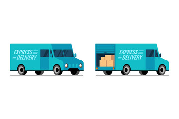 Express delivery blue truck side front and back view set. Fast shipping service van concept. Isometric 3d styled flat vector isolated illustration