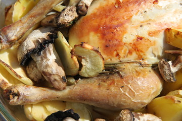 Roasted chicken potatoes parsnip and mushrooms