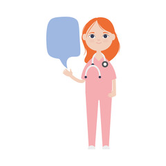 cartoon doctor woman standing and speech bubble icon, flat style