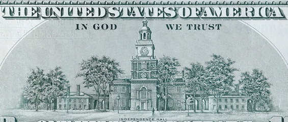 Independence Hall on 100 dollars banknote back side closeup macro fragment. United states hundred...