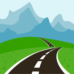 Asphalt road with white markings among the green hills, which goes to the mountains. Spring or summer landscape with a clear sky. Vector illustration
