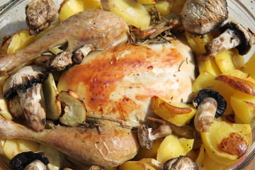 Roasted chicken potatoes parsnip and mushrooms