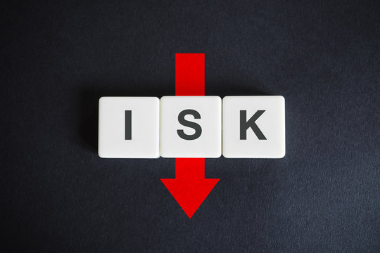 Icelandic kr&oacute;na alphabetic currency ISO code (ISK) and down red arrow on black background. Economy of Iceland.